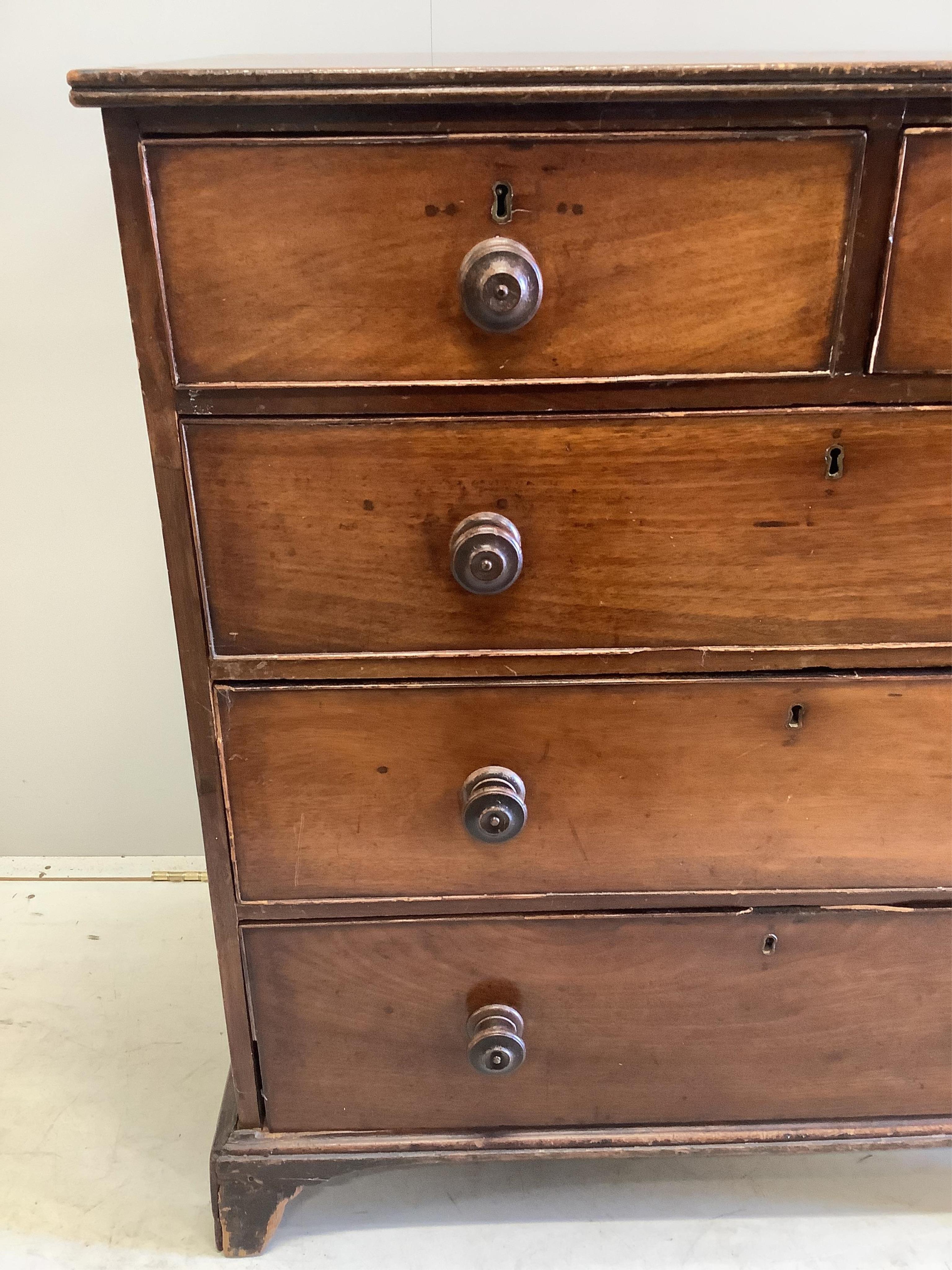 A George III Provincial mahogany chest of drawers, width 93cm, depth 50cm, height 100cm. Condition - poor to fair